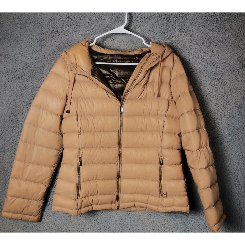 CALVIN KLEIN Premium Down Packable Medium Tan Quilted Hood Zip Puffer Jacket